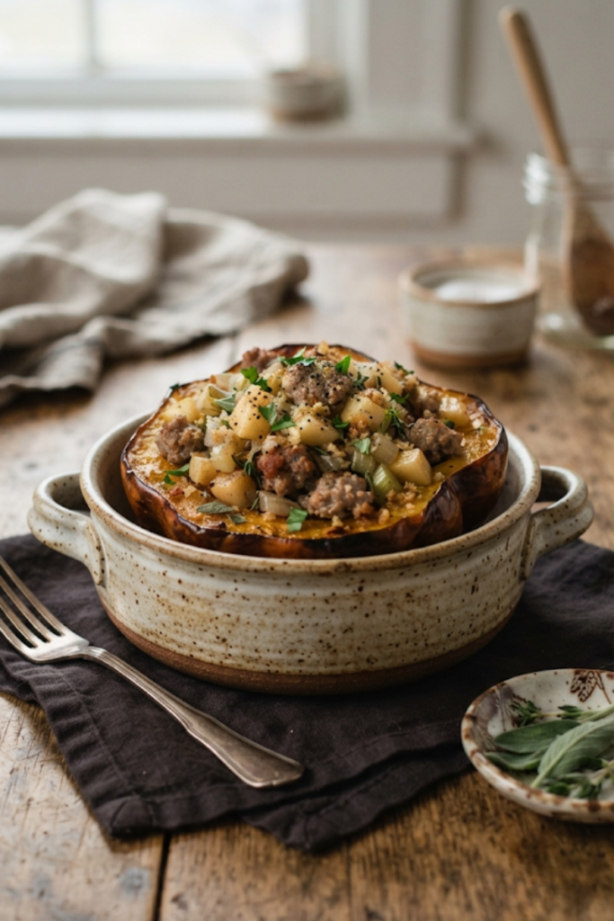 Savory Apple and Sausage Stuffed Acorn Squash