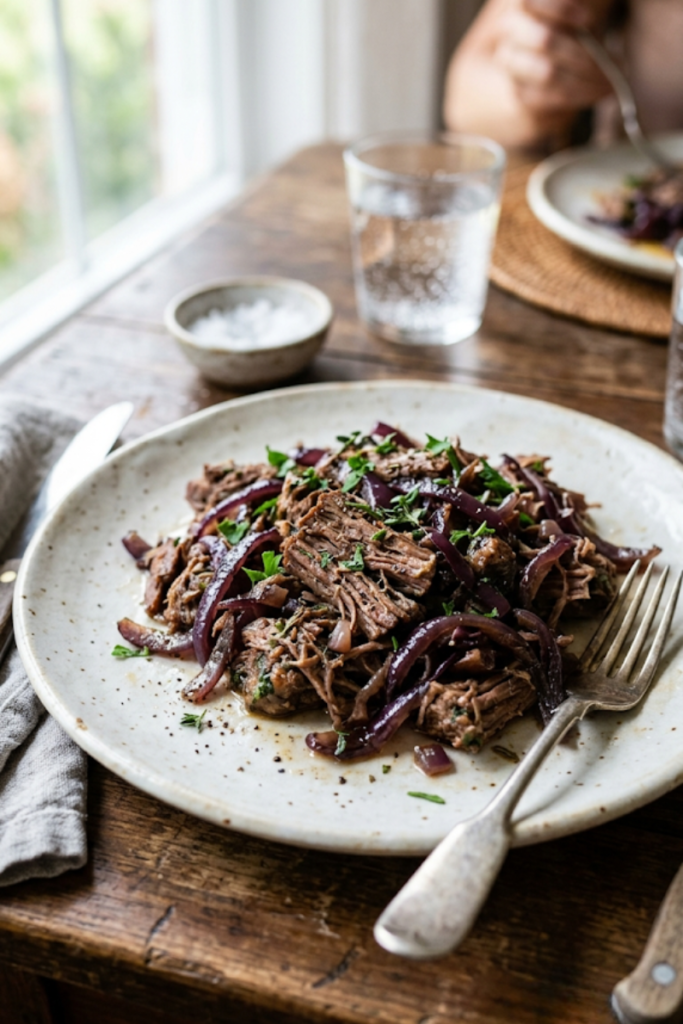 Braised Red Onion and Garlic Beef